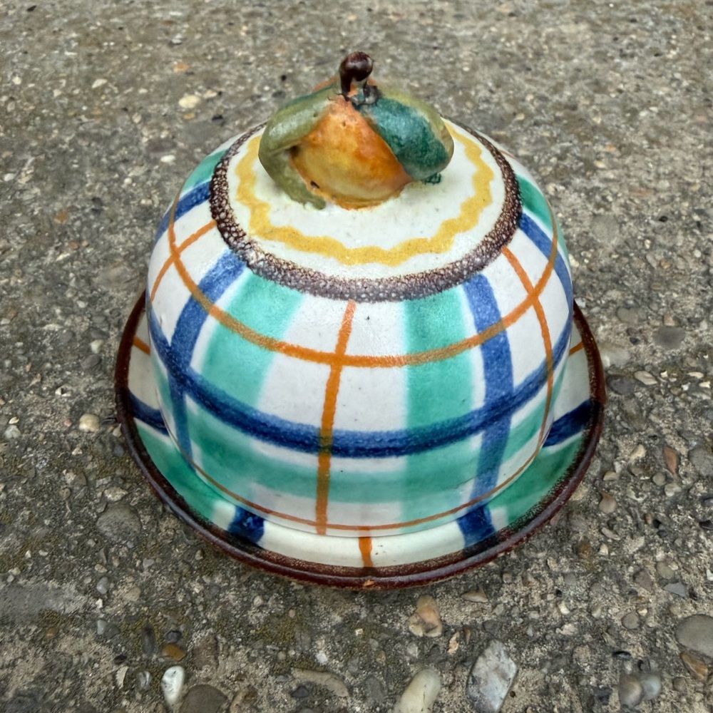 Hand-Painted Ceramic Butter Dish with Fruit Finial - Green, Blue, Orange